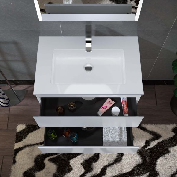 WOODBRIDGE 30 in. W x 18-7/8 in. D Contemporary Wall Hung Floating Vanity in High Gloss White with Resin Composite Vanity Top in White with matching finish sink.