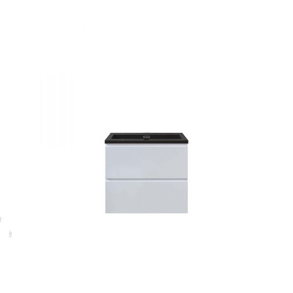 WOODBRIDGE 24 in. W x 18-7/8 in. D Contemporary Wall Hung Floating Vanity in High Gloss White with Quartz Sand Composite Vanity Top in Black with matching finish sink.