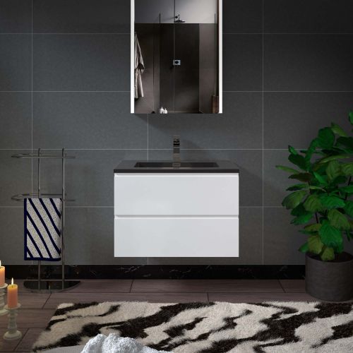 WOODBRIDGE 30 in. W x 18-7/8 in. D Contemporary Wall Hung Floating Vanity in High Gloss White with Quartz Sand Composite Vanity Top in Black with matching finish sink.