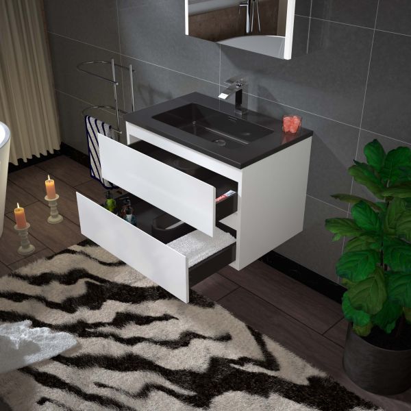  WOODBRIDGE 30 in. W x 18-7/8 in. D Contemporary Wall Hung Floating Vanity in High Gloss White with Quartz Sand Composite Vanity Top in Black with matching finish sink._12728