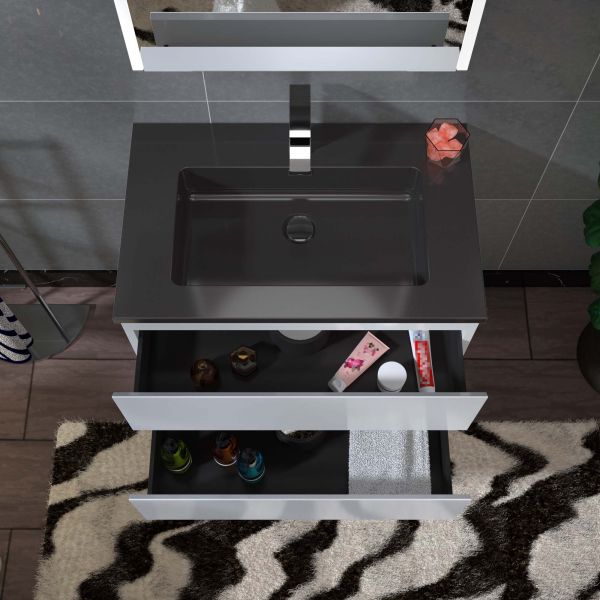 WOODBRIDGE 30 in. W x 18-7/8 in. D Contemporary Wall Hung Floating Vanity in High Gloss White with Quartz Sand Composite Vanity Top in Black with matching finish sink._12729