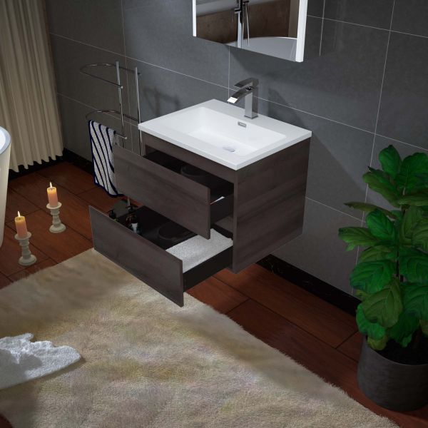 WOODBRIDGE 24 in. W x 18-7/8 in. D Contemporary Wall Hung Floating Vanity in Grey Oak with Resin Composite Vanity Top in White with matching finish sink.