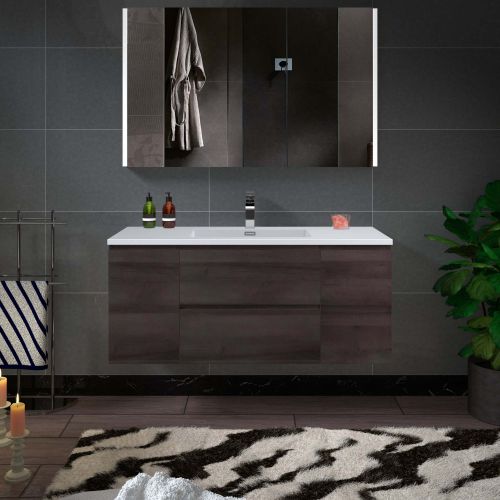 WOODBRIDGE 48 in. W x 18-7/8 in. D Contemporary Wall Hung Floating Vanity in Grey Oak with Resin Composite Vanity Top in White with matching finish sink.