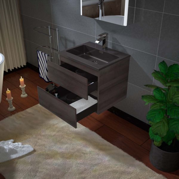 WOODBRIDGE 24 in. W x 18-7/8 in. D Contemporary Wall Hung Floating Vanity in Grey Oak with Quartz Sand Composite Vanity Top in Black with matching finish sink.