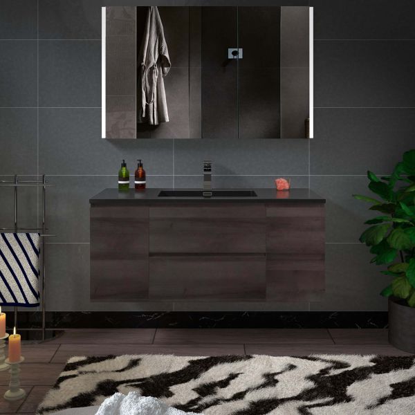 WOODBRIDGE 48 in. W x 18-7/8 in. D Contemporary Wall Hung Floating Vanity in Grey Oak with Quartz Sand Composite Vanity Top in Black with matching finish sink.