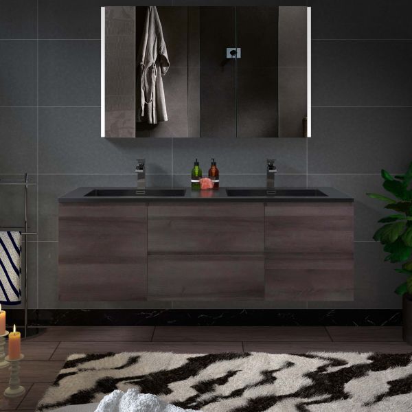 WOODBRIDGE 60 in. W x 18-7/8 in. D Contemporary Wall Hung Floating Vanity in Grey Oak with Quartz Sand Composite Vanity Top in Black with matching finish sink.