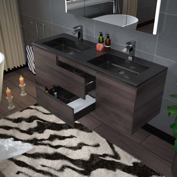 WOODBRIDGE 60 in. W x 18-7/8 in. D Contemporary Wall Hung Floating Vanity in Grey Oak with Quartz Sand Composite Vanity Top in Black with matching finish sink.