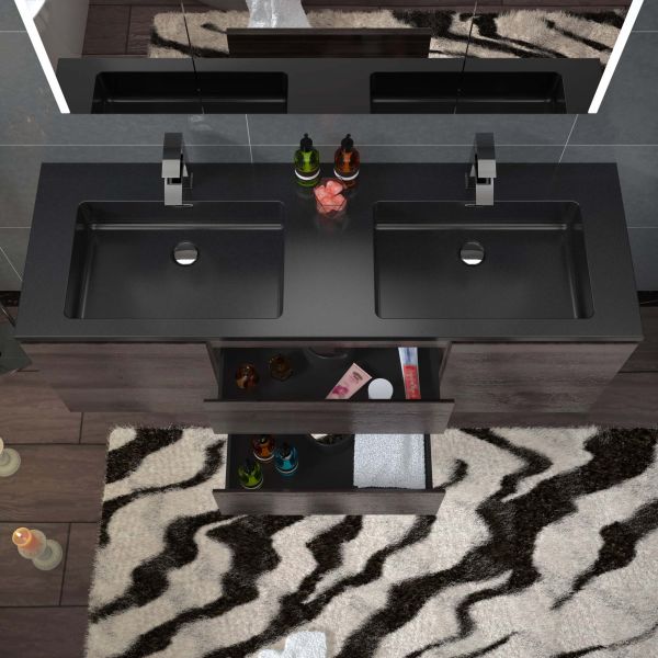  WOODBRIDGE 60 in. W x 18-7/8 in. D Contemporary Wall Hung Floating Vanity in Grey Oak with Quartz Sand Composite Vanity Top in Black with matching finish sink._12766