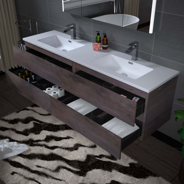 WOODBRIDGE 72 in. W x 18-7/8 in. D Contemporary Wall Hung Floating Vanity in Rose Wood  with Resin Composite Vanity Top in White with matching finish sink.