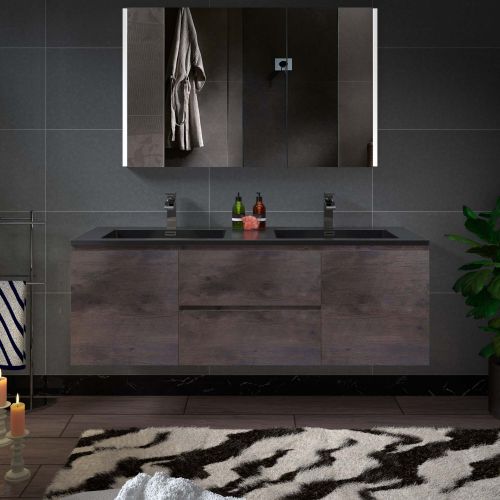 WOODBRIDGE 60 in. W x 18-7/8 in. D Contemporary Wall Hung Floating Vanity in Rose Wood with Quartz Sand Composite Vanity Top in Black with matching finish sink.