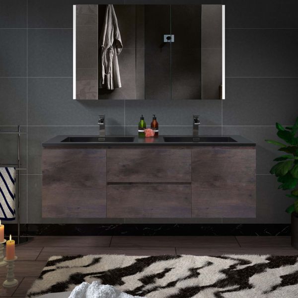  WOODBRIDGE 60 in. W x 18-7/8 in. D Contemporary Wall Hung Floating Vanity in Rose Wood with Quartz Sand Composite Vanity Top in Black with matching finish sink._12805