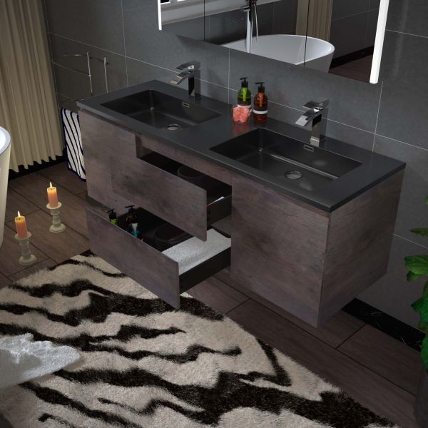  WOODBRIDGE 60 in. W x 18-7/8 in. D Contemporary Wall Hung Floating Vanity in Rose Wood with Quartz Sand Composite Vanity Top in Black with matching finish sink._12806