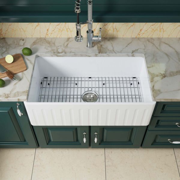 ᐅ【WOODBRIDGE 33 X 18 White Fireclay Single Bowl Farmhouse Apron Front  Kitchen Sink with Strainers and Sink Protector Grid-WOODBRIDGE】