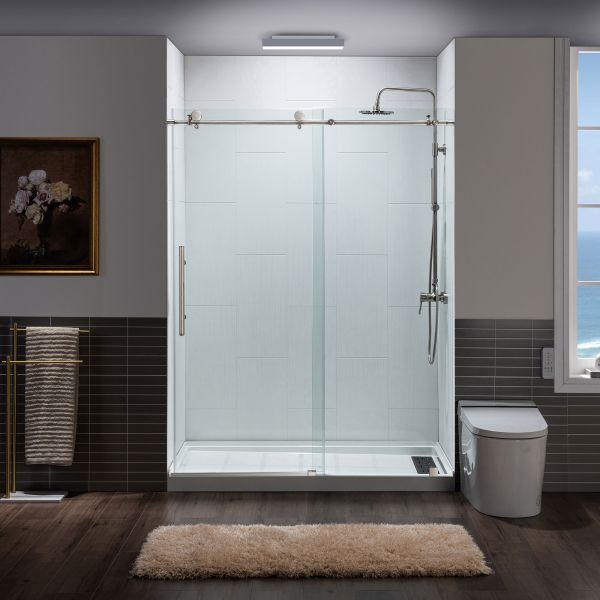 Frameless sliding shop shower doors
