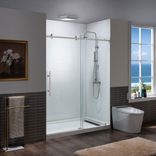 Bathroom Glass Shower With Door Tile Two Shower Heads Stock Photo