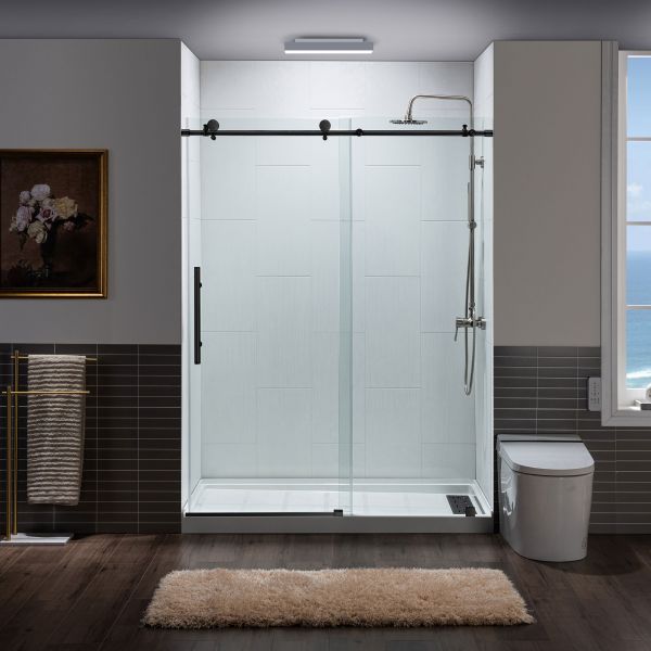 ᐅ【WOODBRIDGE Frameless Sliding Shower Doors with Soft Close System, 5660" Width x 76"Height