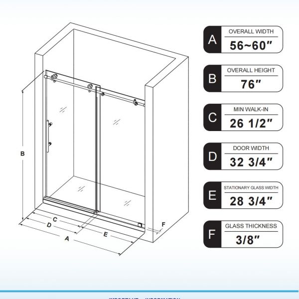  WOODBRIDGE Frameless Sliding Shower Doors with Soft Close System, 56-60
