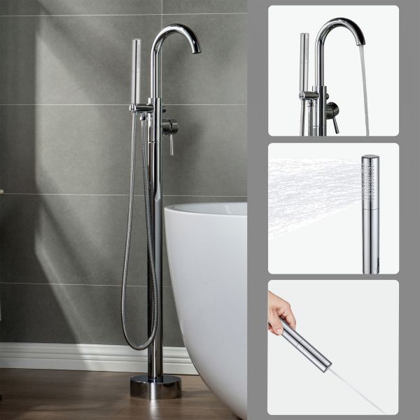  WOODBRIDGE F0002CHDR Contemporary Single Handle Floor Mount Freestanding Tub Filler Faucet with Hand shower in Chrome Finish._14222
