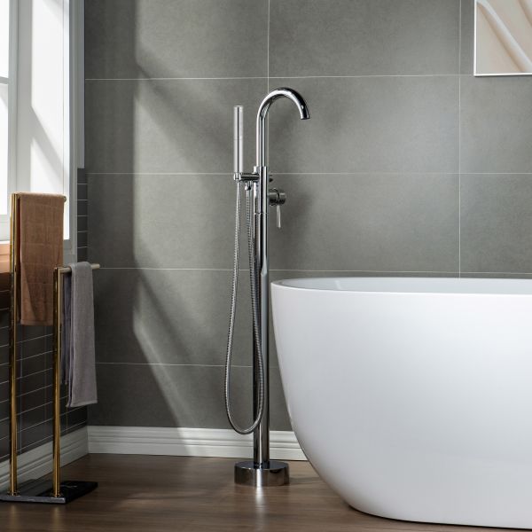  WOODBRIDGE F0002CHDR Contemporary Single Handle Floor Mount Freestanding Tub Filler Faucet with Hand shower in Chrome Finish._14224