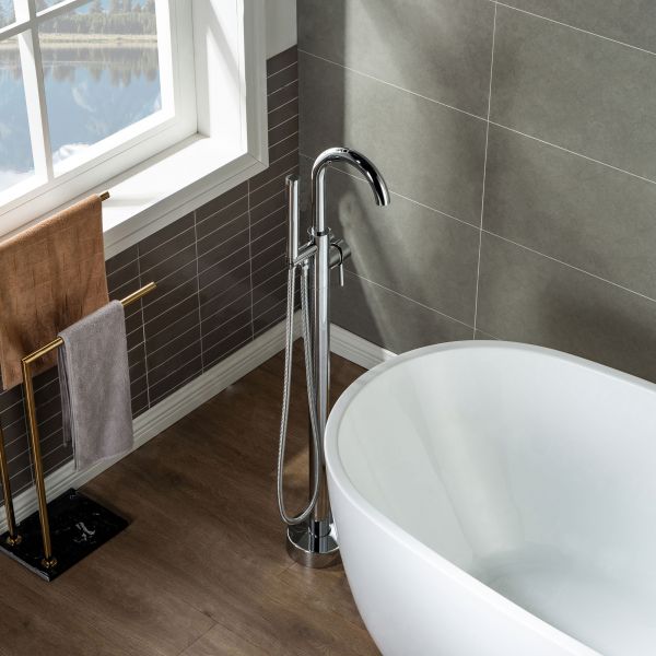  WOODBRIDGE F0002CHDR Contemporary Single Handle Floor Mount Freestanding Tub Filler Faucet with Hand shower in Chrome Finish.