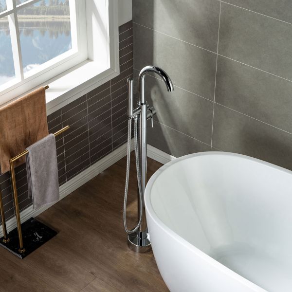  WOODBRIDGE F0002CHDR Contemporary Single Handle Floor Mount Freestanding Tub Filler Faucet with Hand shower in Chrome Finish._14228