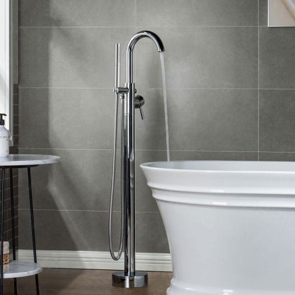  WOODBRIDGE F0002CHDR Contemporary Single Handle Floor Mount Freestanding Tub Filler Faucet with Hand shower in Chrome Finish._14231