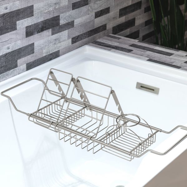 ᐅ【WOODBRIDGE Stainless Steel Extendable Bathtub Caddy Tray in Brushed Nickel  Finish with Removable Wine Holder, Book and Phone Rack,  Bathcad-BN-WOODBRIDGE】