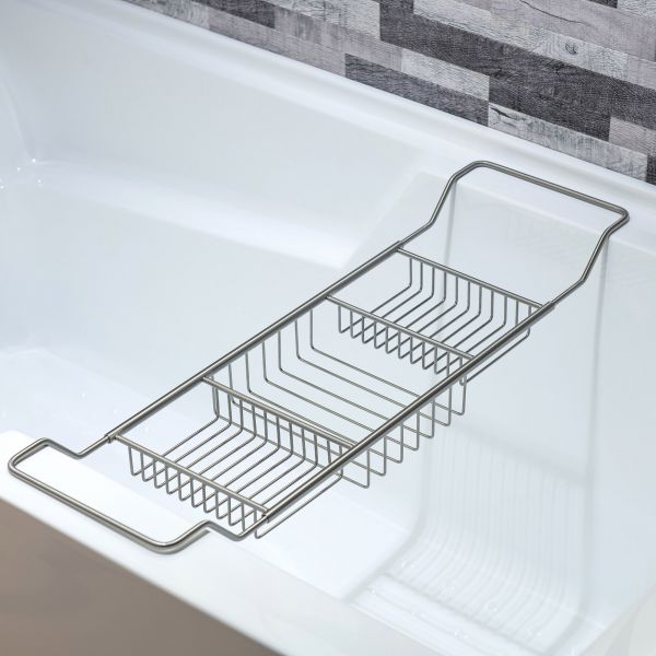 Extendable brushed nickel bathtub caddy