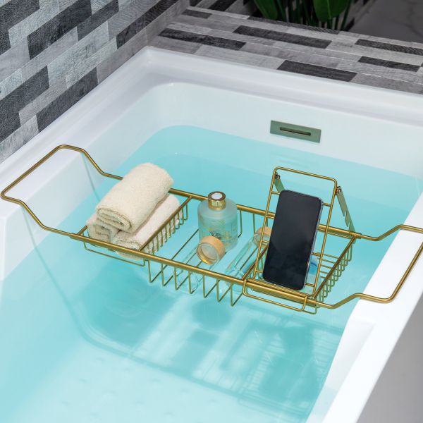 ᐅ【WOODBRIDGE Stainless Steel Extendable Bathtub Caddy Tray in Brushed Gold  Finish with Removable Wine Holder, Book and Phone Rack,  Bathcad-BG-WOODBRIDGE】