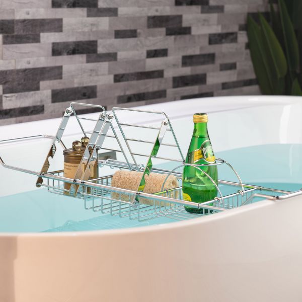  WOODBRIDGE Stainless Steel Extendable Bathtub Caddy Tray in Polished Chrome Finish with Removable Wine Holder, Book and Phone Rack, Bathcad-CH_14326