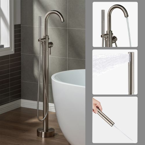 WOODBRIDGE F0001BNDR Contemporary Single Handle Floor Mount Freestanding Tub Filler Faucet with Hand shower in Brushed Nickel Finish.