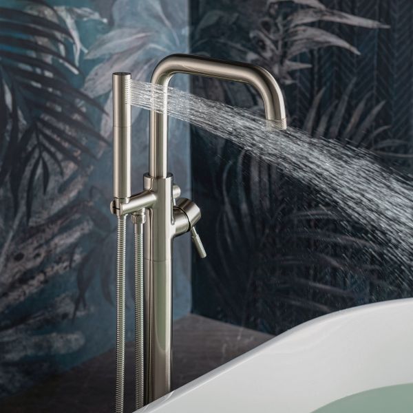 WOODBRIDGE F0070BNDR Contemporary Single Handle Floor Mount Freestanding Tub Filler Faucet with 2 Function Cylinder Style Hand Shower in Brushed Nickel Finish.
