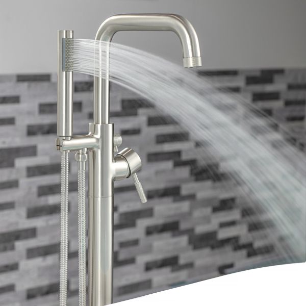  WOODBRIDGE F0070BNRD Contemporary Single Handle Floor Mount Freestanding Tub Filler Faucet with Cylinder Style Hand Shower in Brushed Nickel Finish.