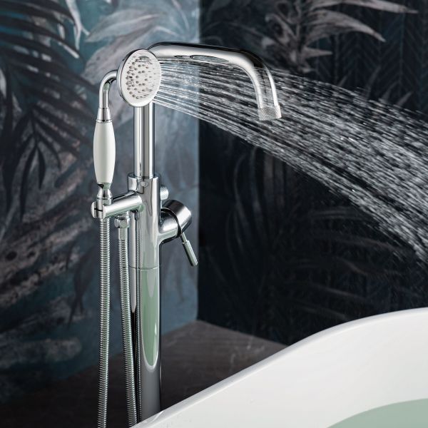WOODBRIDGE F0071CHVT Fusion Single Handle Floor Mount Freestanding Tub Filler Faucet with Classic Telephone Style Hand Shower in Chrome Finish.
