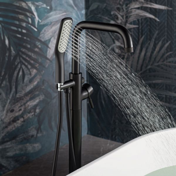 WOODBRIDGE F0072MBSQ Fusion Single Handle Floor Mount Freestanding Tub Filler Faucet with Square Shape Hand Shower in Matte Black Finish.