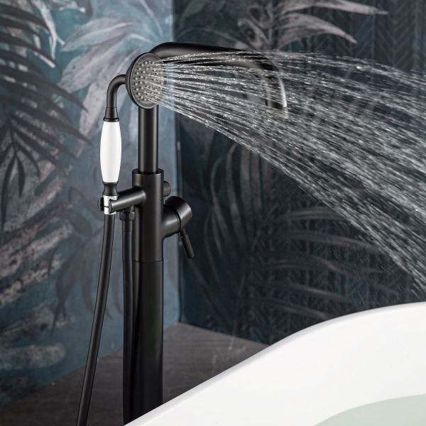 WOODBRIDGE F0072MBVT Fusion Single Handle Floor Mount Freestanding Tub Filler Faucet with Classic Telephone Style Hand Shower in Matte Black Finish.