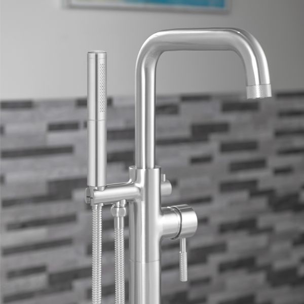  WOODBRIDGE F0071CHDR Contemporary Single Handle Floor Mount Freestanding Tub Filler Faucet with 2 Function Cylinder Style Hand Shower in Chrome Finish._14812