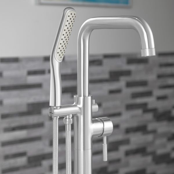  WOODBRIDGE F0071CHSQ Fusion Single Handle Floor Mount Freestanding Tub Filler Faucet with Square Shape Hand Shower in Chrome Finish._14813