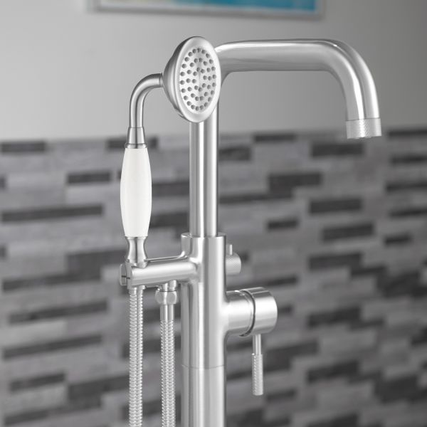 WOODBRIDGE F0071CHVT Fusion Single Handle Floor Mount Freestanding Tub Filler Faucet with Classic Telephone Style Hand Shower in Chrome Finish.