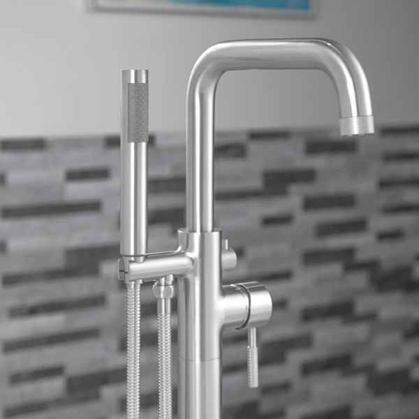  WOODBRIDGE F0071CHRD Contemporary Single Handle Floor Mount Freestanding Tub Filler Faucet with Cylinder Style Hand Shower in Chrome Finish._14815