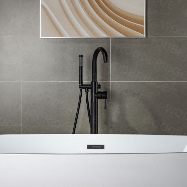 WOODBRIDGE F0006BLRD Contemporary Single Handle Floor Mount Freestanding Tub Filler Faucet with Hand shower in Matte Black Finish.