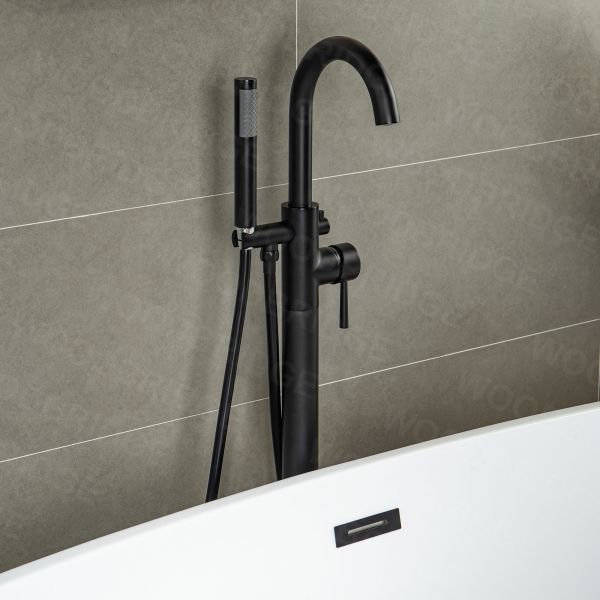 WOODBRIDGE F0006BLRD Contemporary Single Handle Floor Mount Freestanding Tub Filler Faucet with Hand shower in Matte Black Finish.