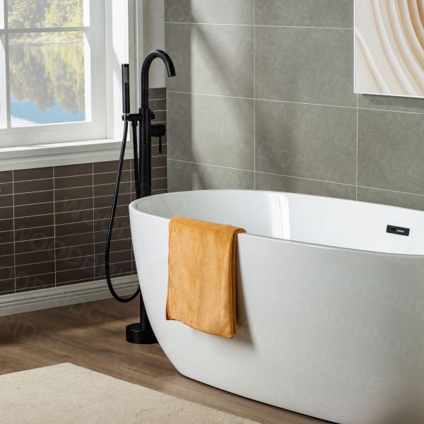  WOODBRIDGE F0006BLRD Contemporary Single Handle Floor Mount Freestanding Tub Filler Faucet with Hand shower in Matte Black Finish.