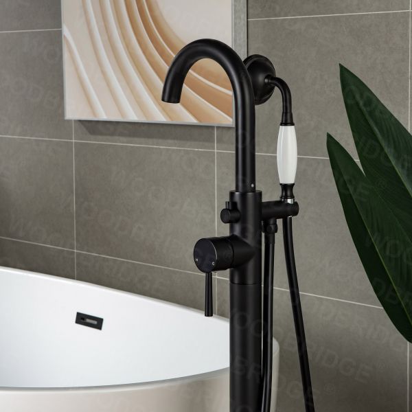  WOODBRIDGE F0006MBVT Fusion Single Handle Floor Mount Freestanding Tub Filler Faucet with Telephone Hand shower in Matte Black Finish.