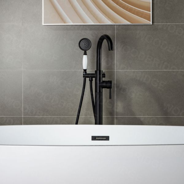  WOODBRIDGE F0006MBVT Fusion Single Handle Floor Mount Freestanding Tub Filler Faucet with Telephone Hand shower in Matte Black Finish._14874