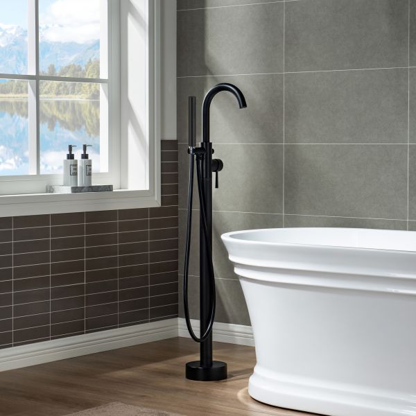  WOODBRIDGE F0006MBDR Contemporary Single Handle Floor Mount Freestanding Tub Filler Faucet with Hand shower in Matte Black Finish._14894
