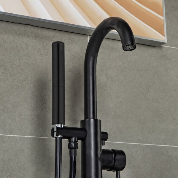 WOODBRIDGE F0006MBDR Contemporary Single Handle Floor Mount Freestanding Tub Filler Faucet with Hand shower in Matte Black Finish.