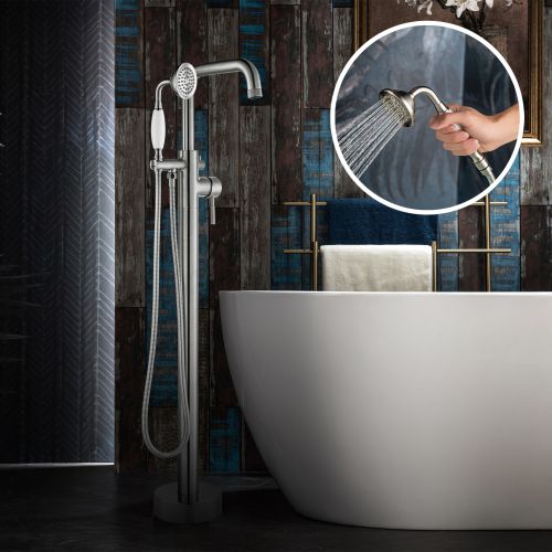WOODBRIDGE F0070BNVT Fusion Single Handle Floor Mount Freestanding Tub Filler Faucet with Classic Telephone Style Hand Shower in Brushed Nickel Finish.