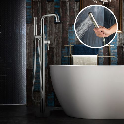 WOODBRIDGE F0070BNRD Contemporary Single Handle Floor Mount Freestanding Tub Filler Faucet with Cylinder Style Hand Shower in Brushed Nickel Finish.