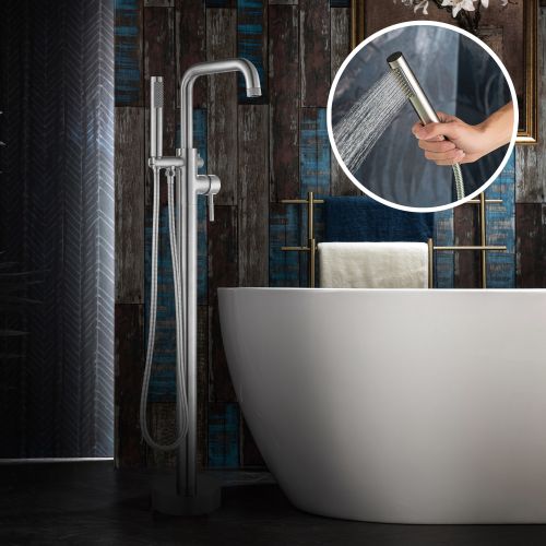 WOODBRIDGE F0071CHRD Contemporary Single Handle Floor Mount Freestanding Tub Filler Faucet with Cylinder Style Hand Shower in Chrome Finish.